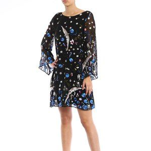 ALICE OLIVIA Eleonora Poet Flare Embroidered Birds Floral Cocktail Tunic Dress S